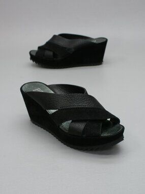 Pedro Garcia 36 Ladies (6 US) Black Nubuck & Leather Crisscross Platform Sandals